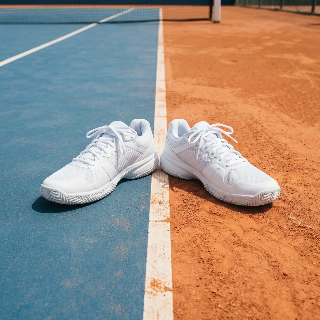 Pair of unbranded all-court tennis shoes placed on a court where hard and clay surfaces meet