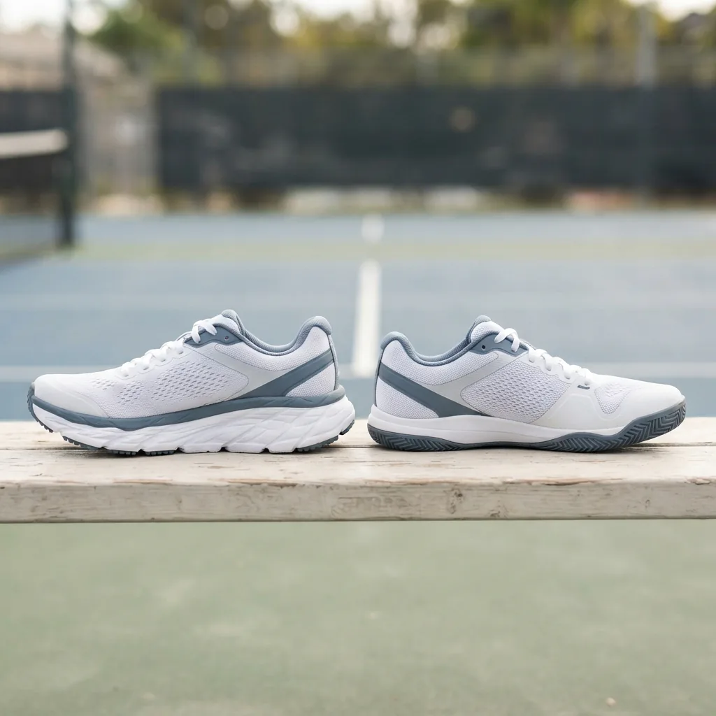 Close-up of two tennis shoes side by side, one with a thick foam midsole and one with a thinner sole