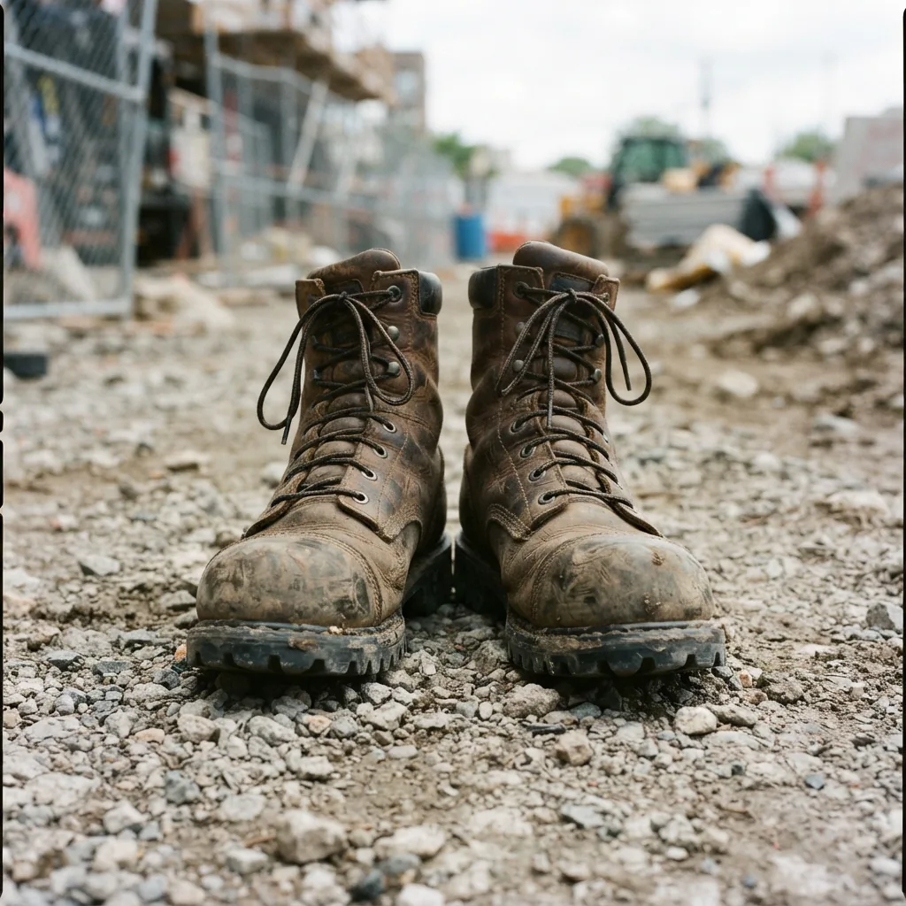 Steel toe work boots standing on gravel at an outdoor work site