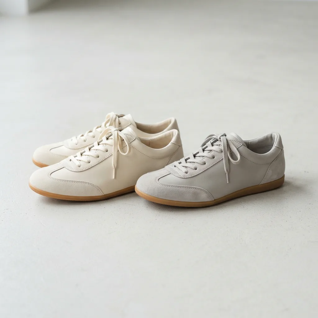 Slim low-profile women's sneakers in neutral tones on a light studio surface