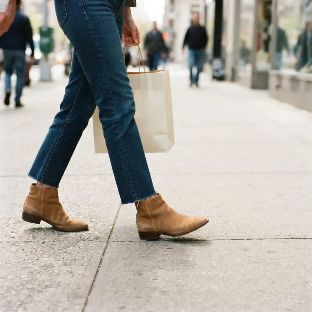 One adult walking along a city sidewalk in flat ankle booties while carrying a shopping bag