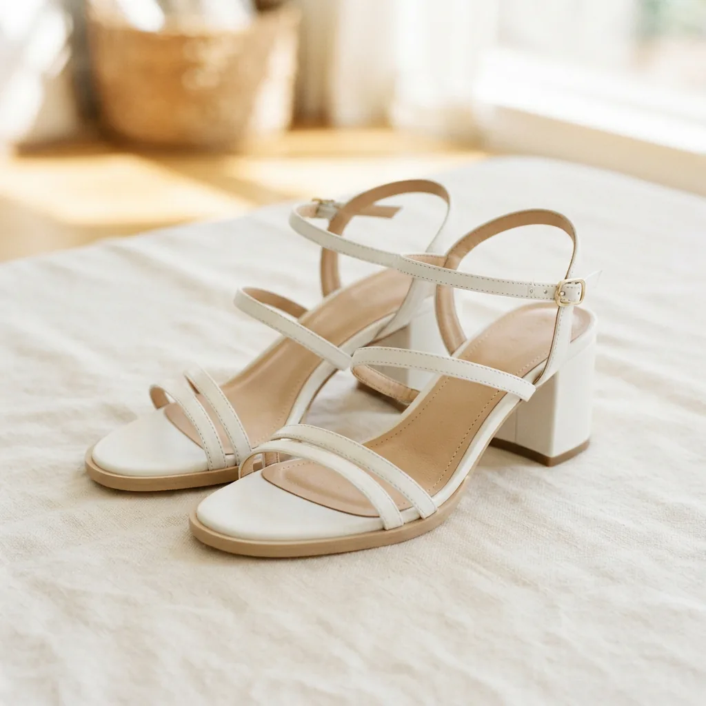 Strappy white block-heel sandals arranged for warm weather