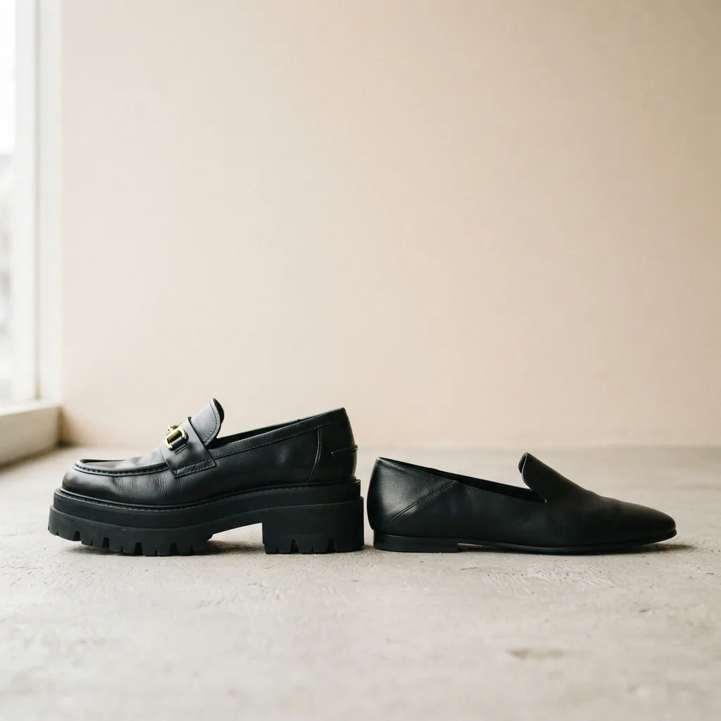 A platform loafer standing beside a slim flat loafer against a plain pale wall at ground level
