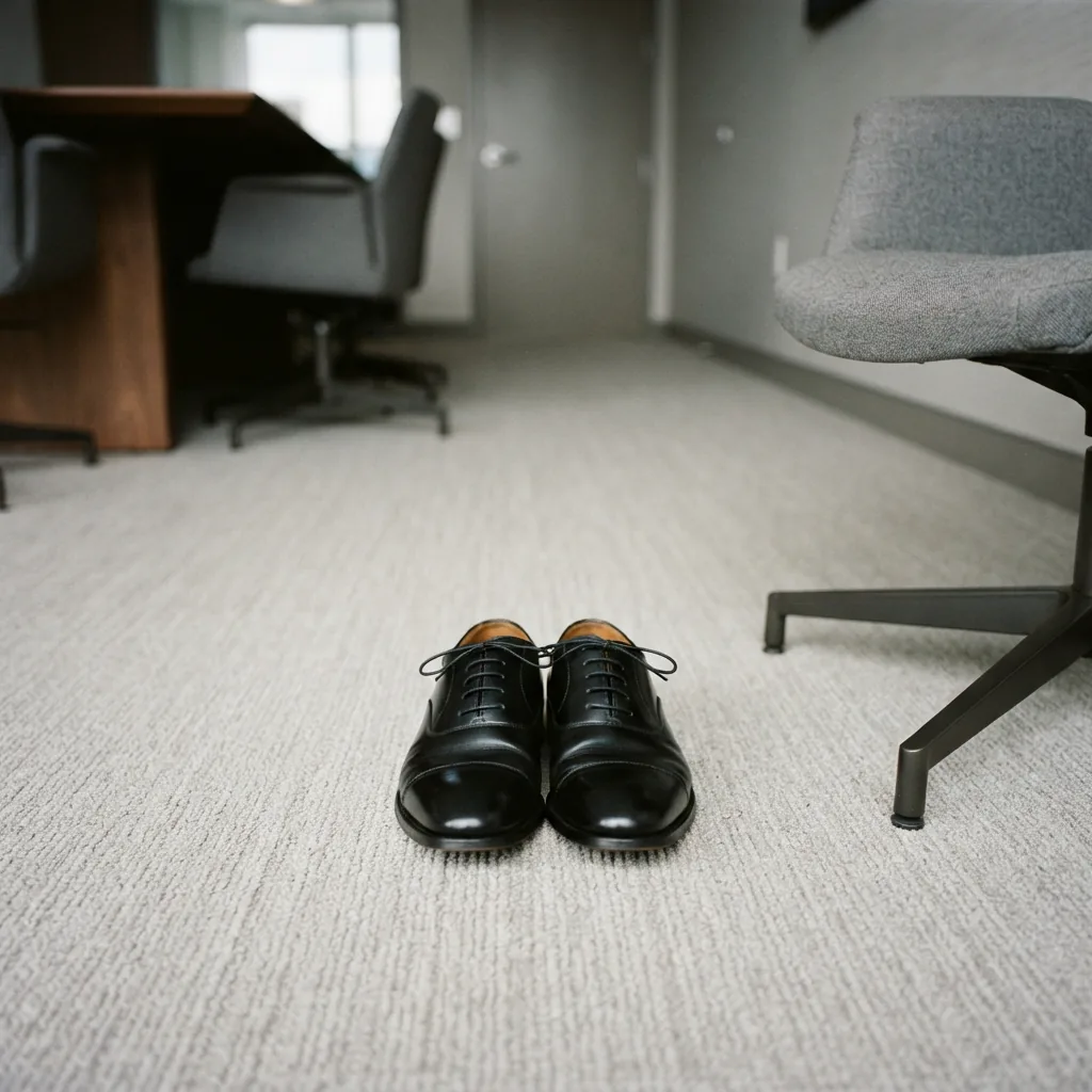 A pair of black oxford men's dress shoes beside an empty meeting room chair on pale carpet.