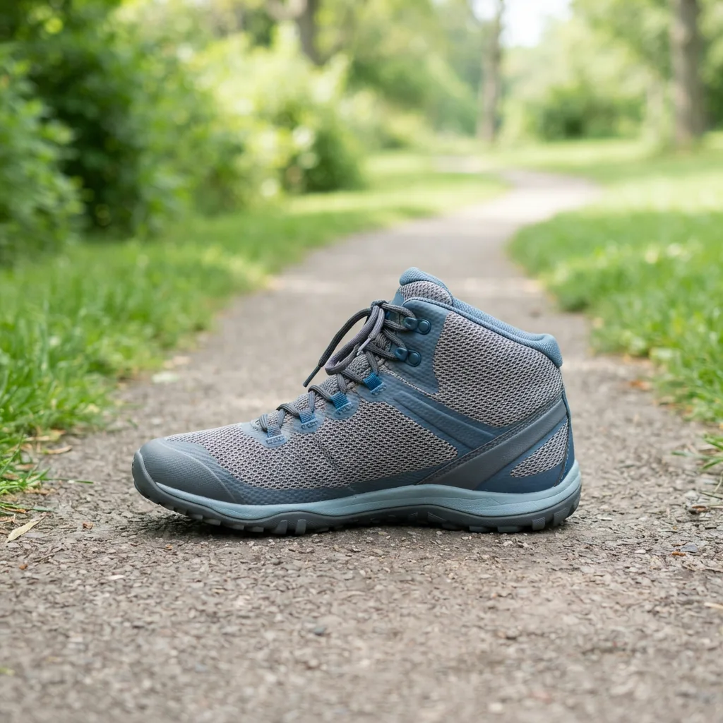 Lightweight mesh hiking boot resting on a smooth maintained park path