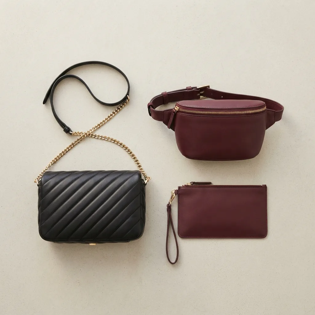 Quilted crossbody, compact belt bag and slim wristlet grouped on a pale studio surface