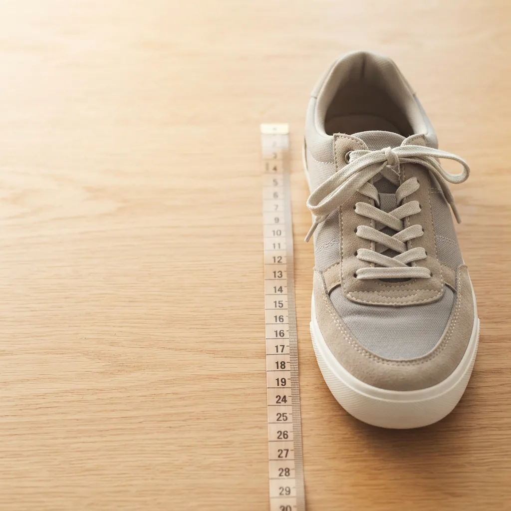 Unbranded men's sneaker beside an extended cloth measuring tape on a light wooden table