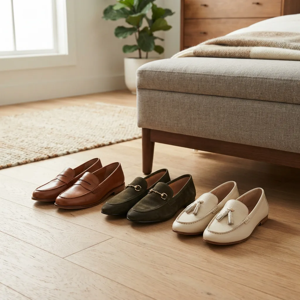 Three pairs of women's loafers arranged in a neat row on a bedroom floor