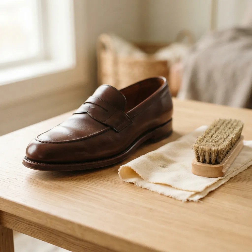 A leather loafer beside a polishing cloth and a small brush on a light table