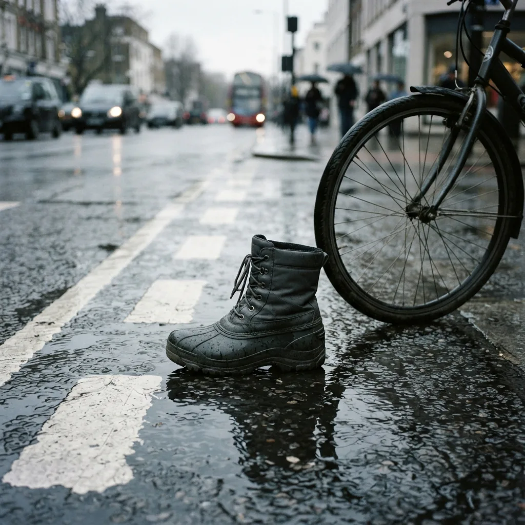 Short winter boot on a rain-slicked city crosswalk