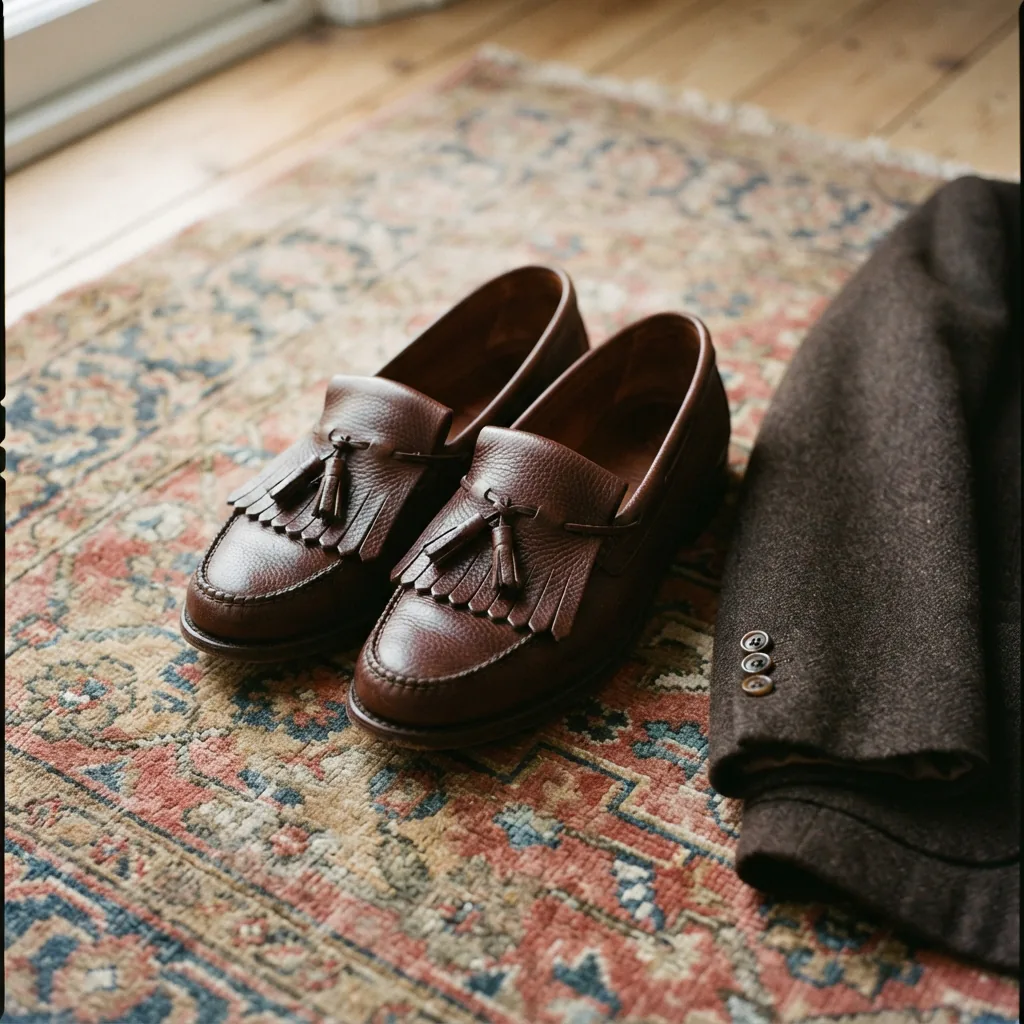 Fringed kiltie loafers resting on a vintage patterned rug beside the sleeve of a wool blazer