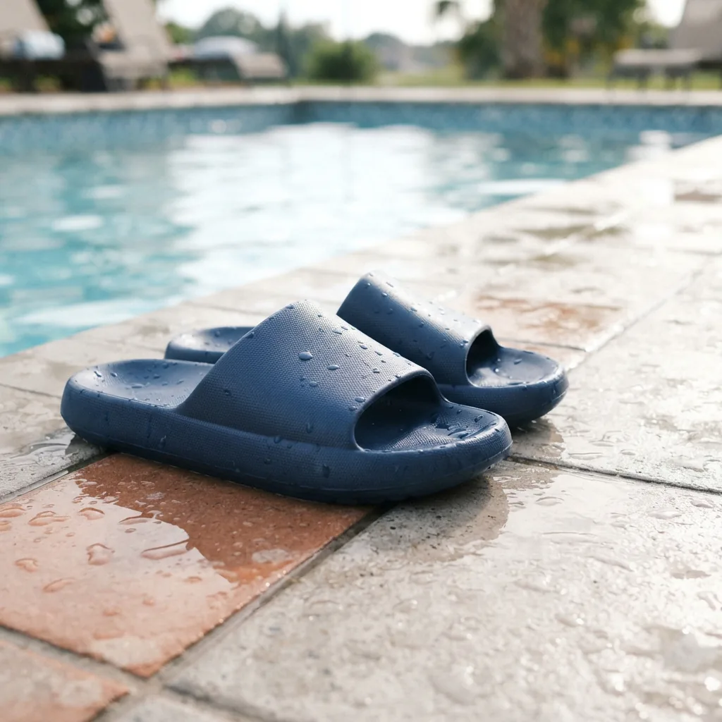 Quick-dry foam slide sandals resting on wet tile beside a pool edge