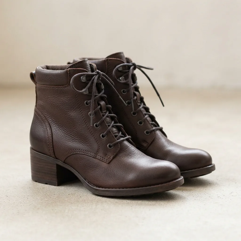A pair of lace-up ankle booties with visible front lacing on a light studio floor