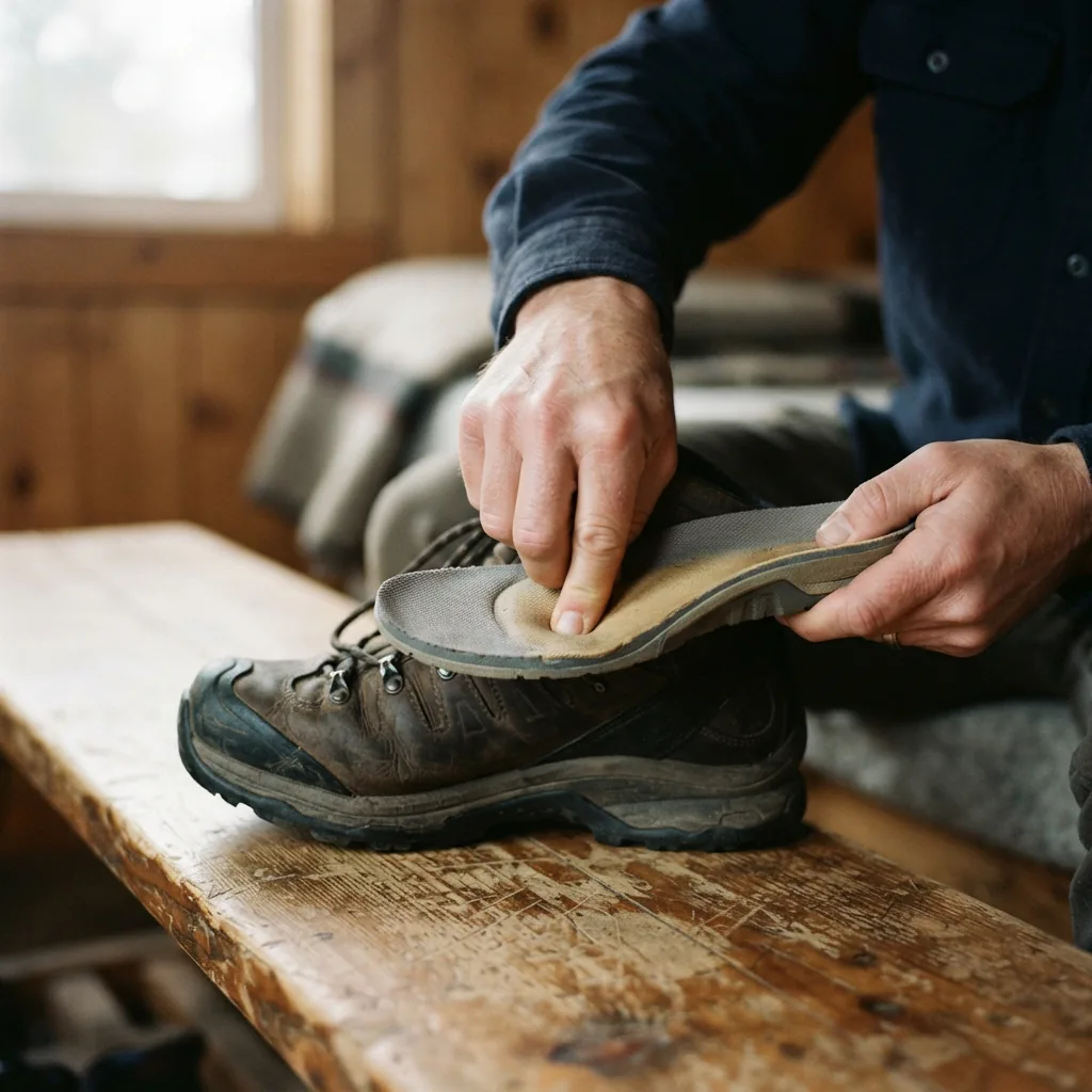 Hand pressing into the cushioned insole of a hiking boot removed from the shoe