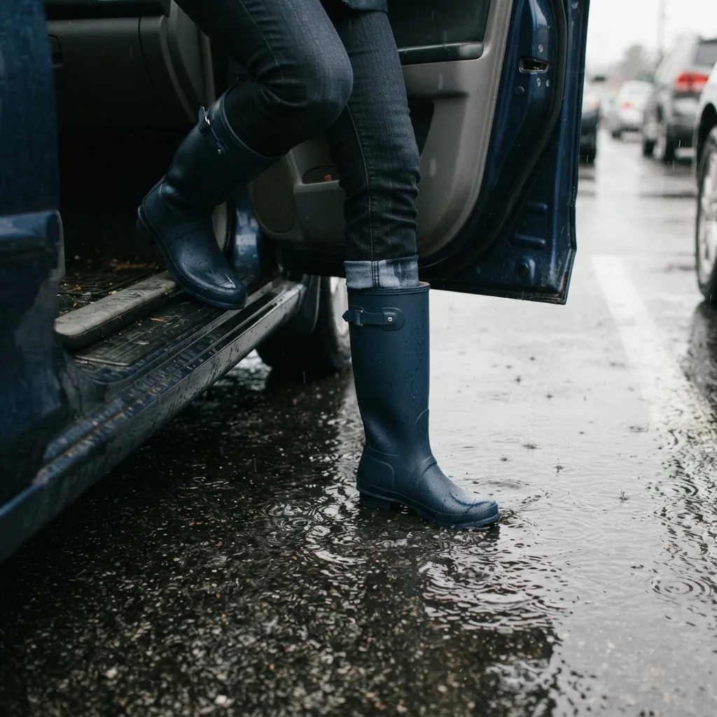 Rain boots stepping out of a car onto a wet parking lot