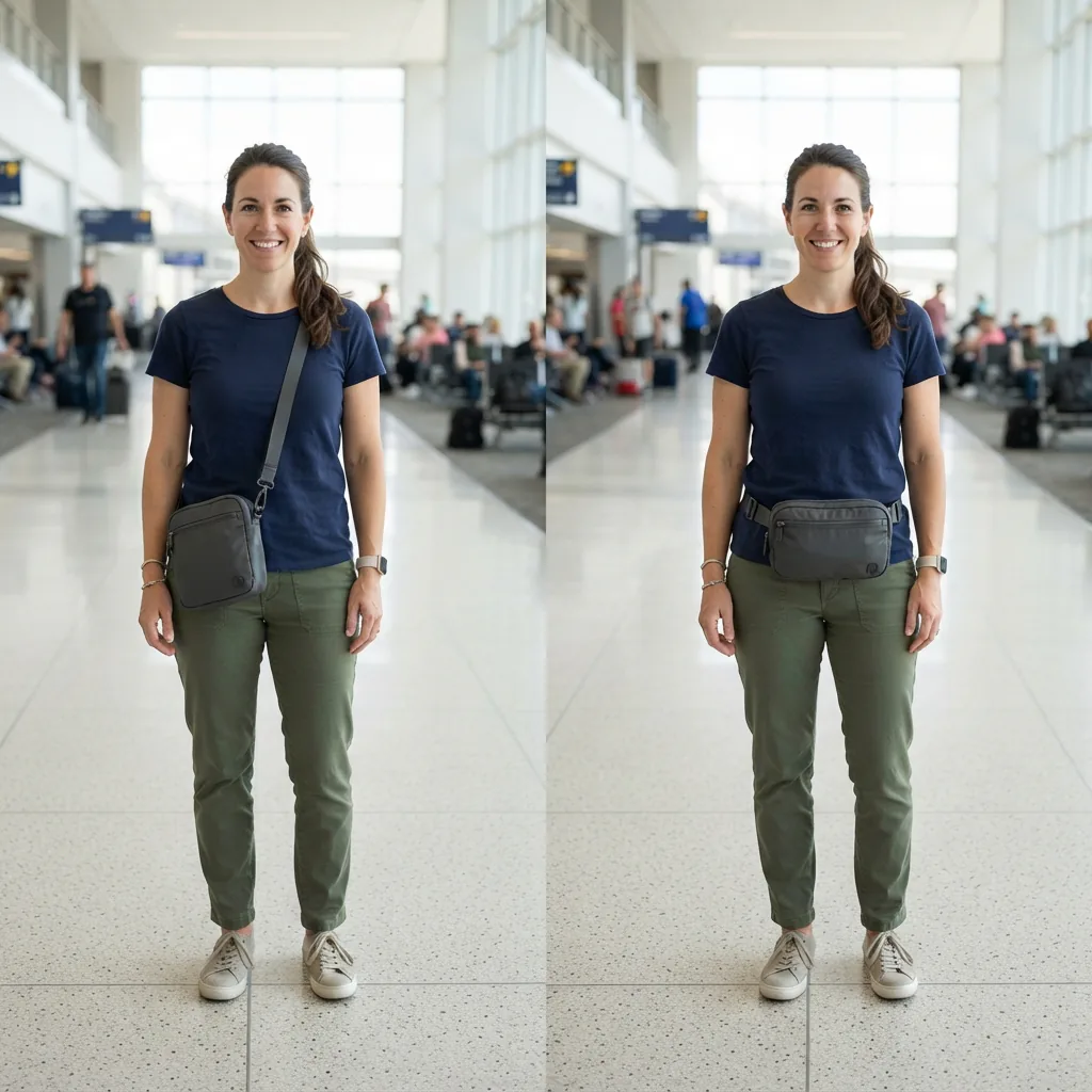Convertible belt-style crossbody bag shown worn across the body and again cinched at the waist of a traveler.