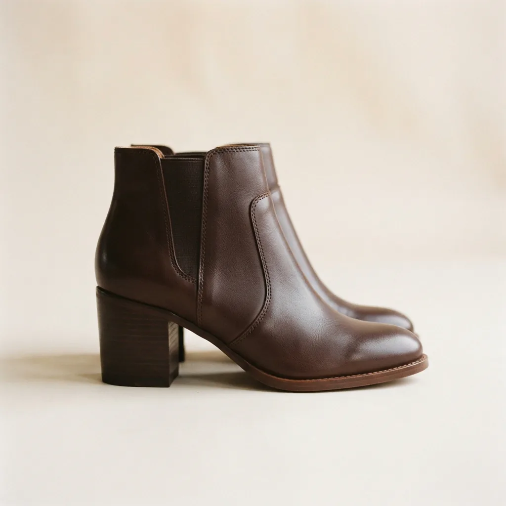 A pair of heeled ankle booties with a stacked heel in profile on a pale studio surface