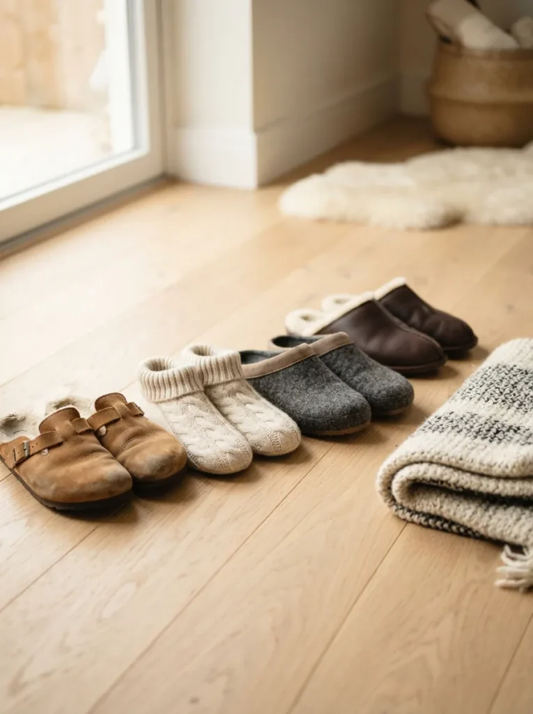 Assorted women's and men's slippers arranged on a light wooden floor beside a folded blanket