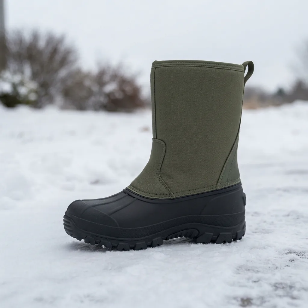 Bogs Parker men's pull-on snow boot resting on packed snow by a driveway