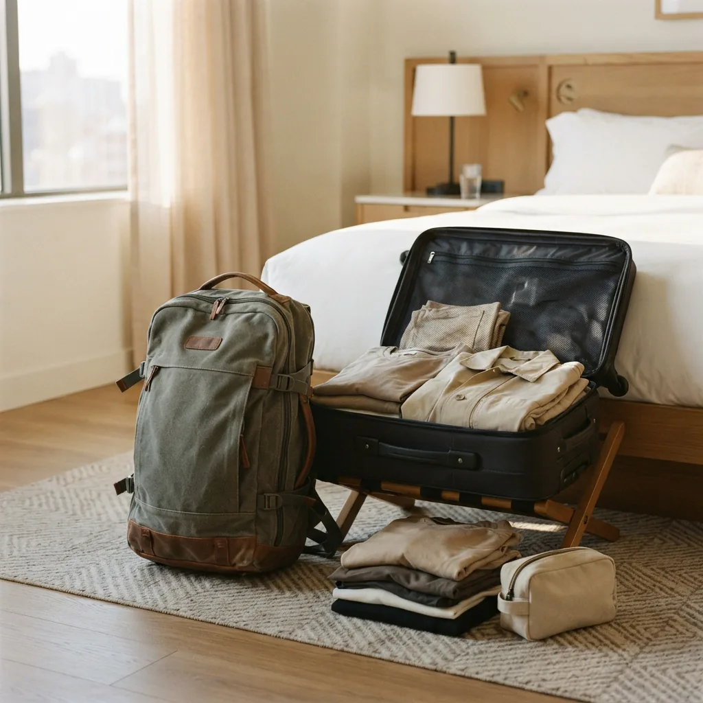 A roomy travel backpack with compression straps standing beside an open carry-on suitcase in a hotel room
