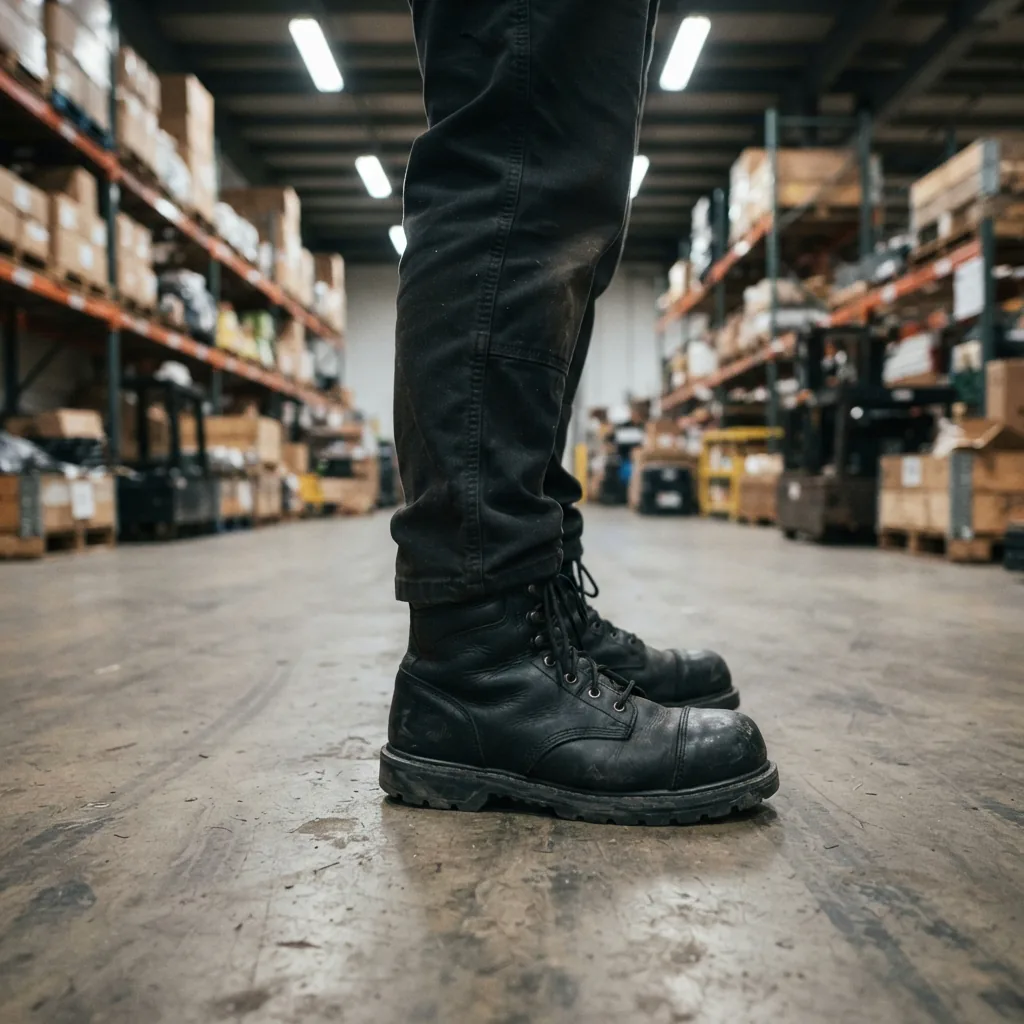Man's steel toe work boot standing on a concrete warehouse floor with blurred racking behind