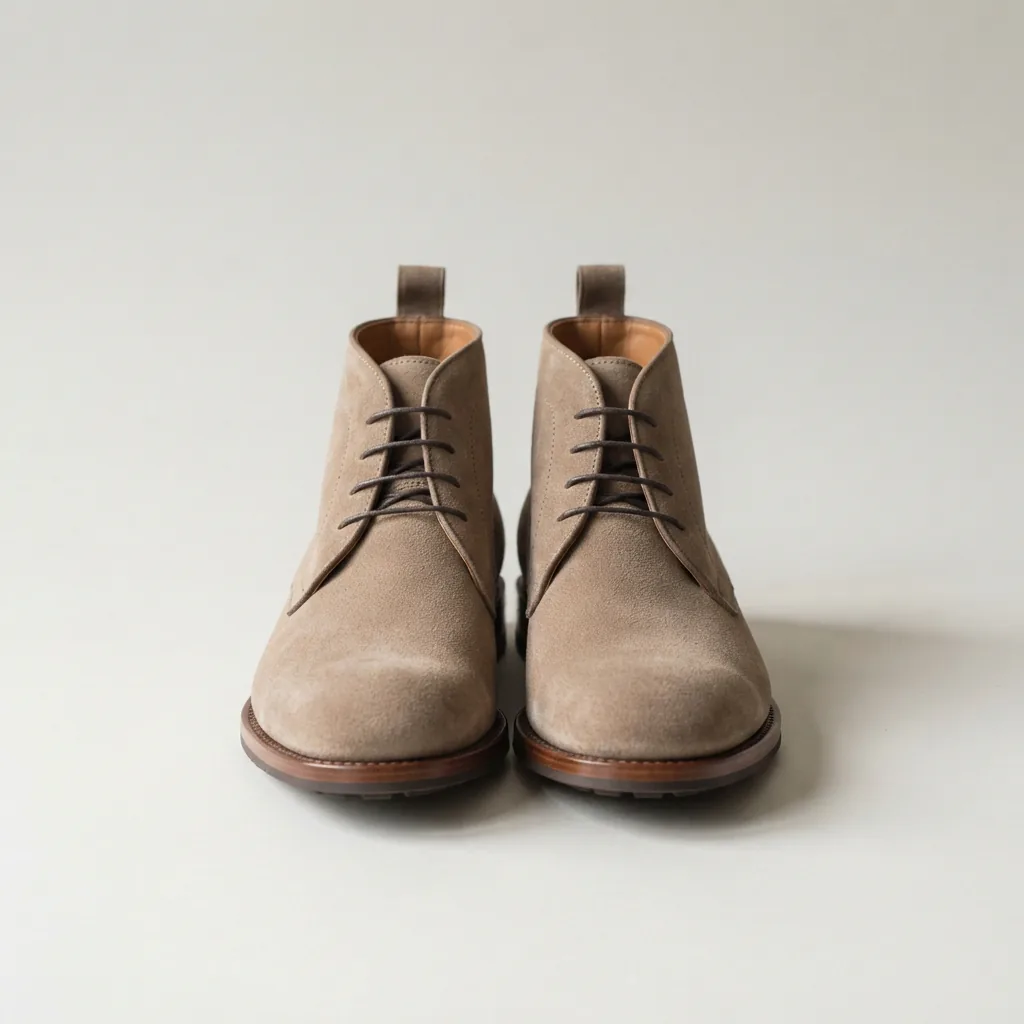 Suede men's dress boots standing upright on a light studio surface with soft shadows.
