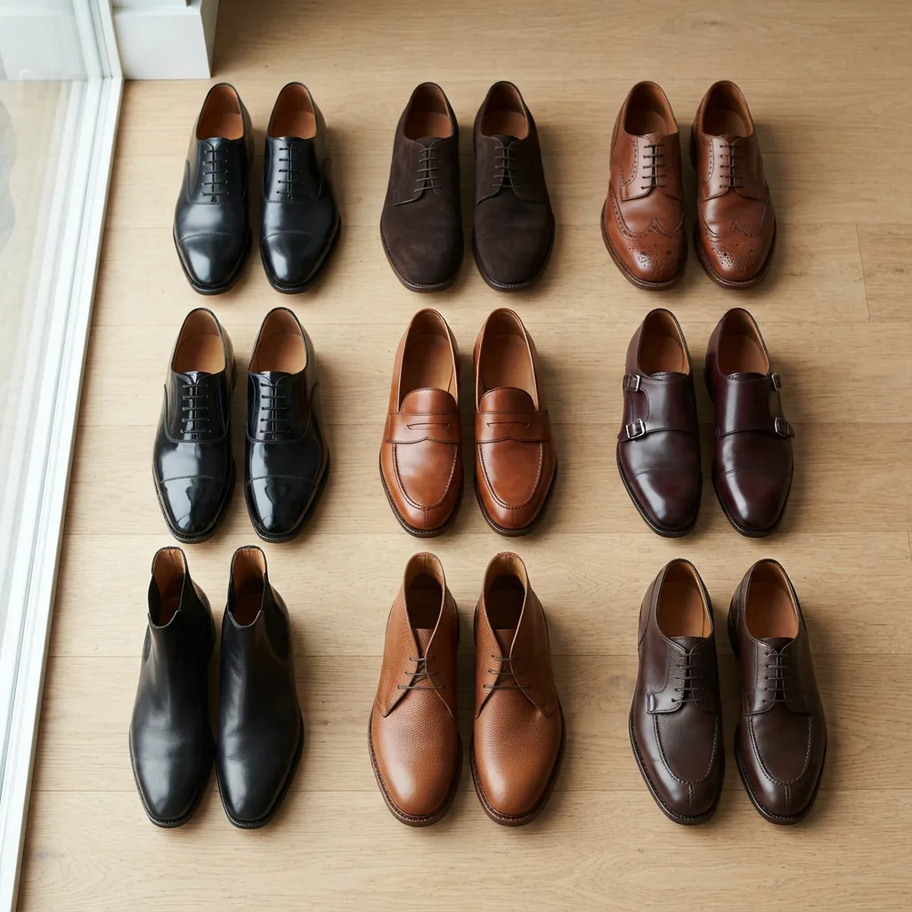Assorted dress shoes from different brands arranged for price comparison on a bright surface