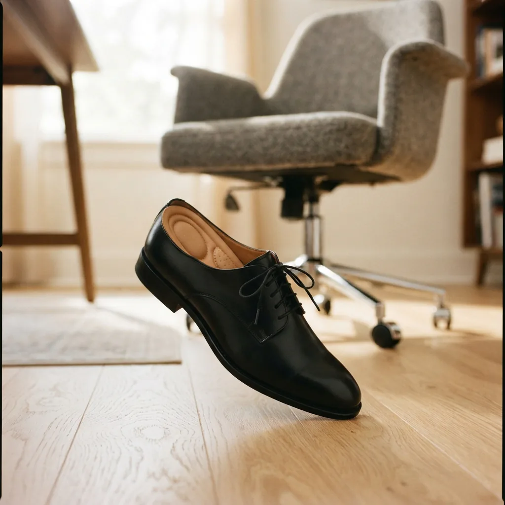 A men's dress shoe tilted to show its cushioned insole beside an empty office chair.