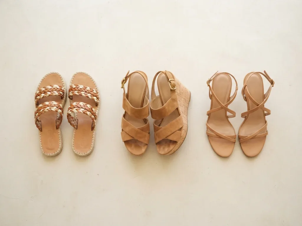Flat, wedge and heeled women's sandals grouped in three sets on a pale plaster surface