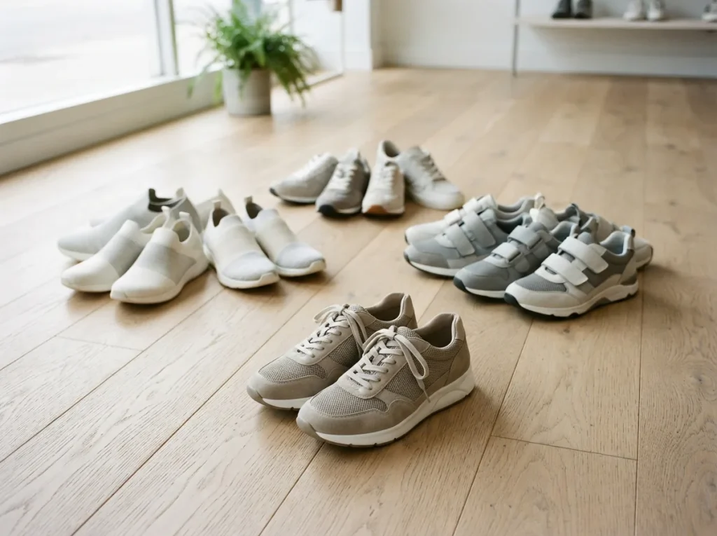 Women's walking sneakers grouped by style across a light wooden floor