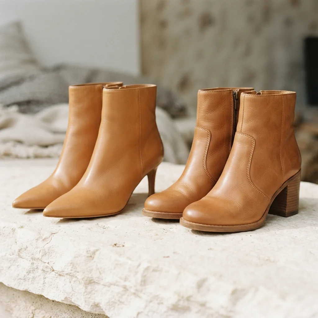 Two women's ankle boots side by side, one pointed with a slim heel and one round with a block heel