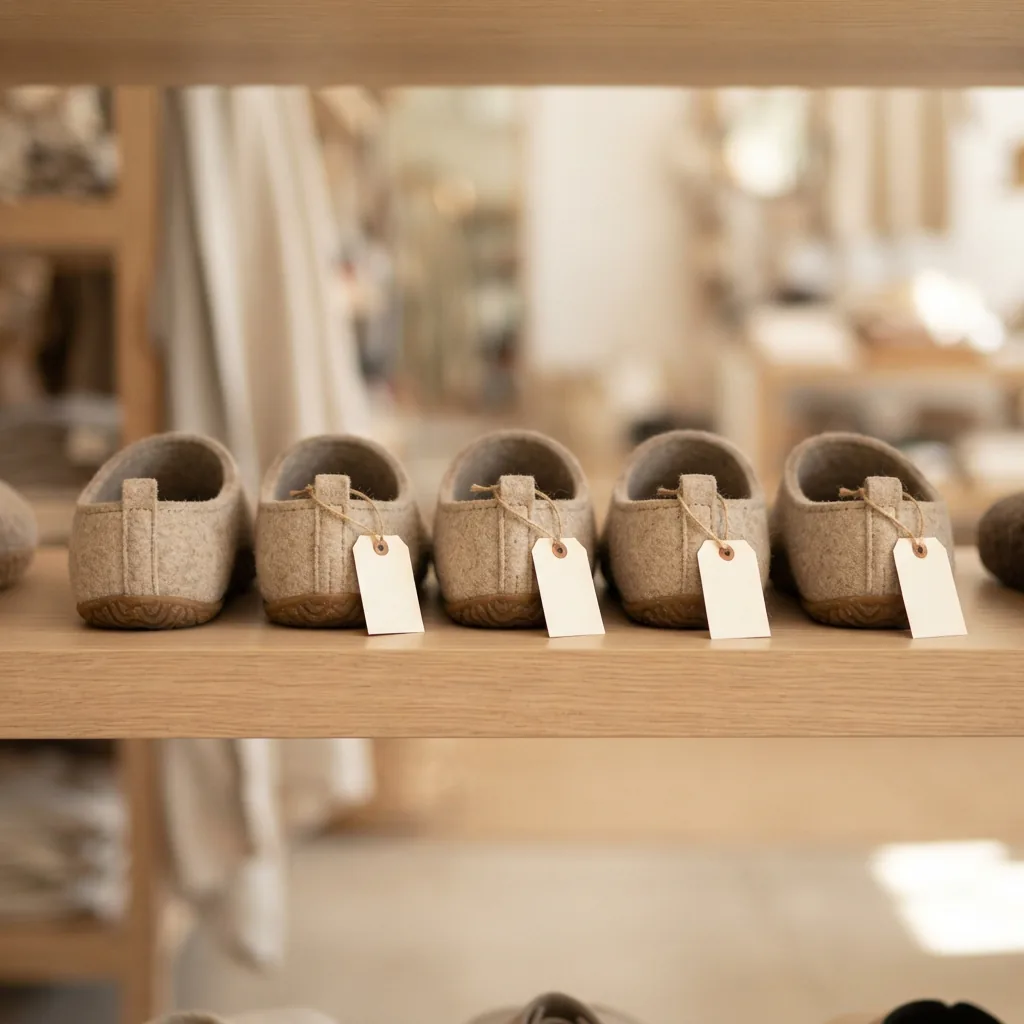 Clogs arranged in a row with small price tags attached to each pair