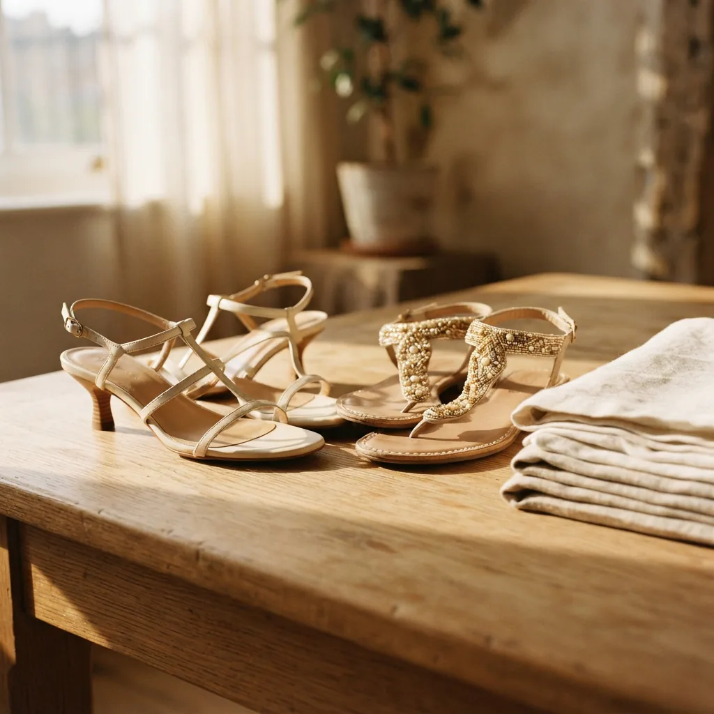 Strappy kitten heel sandal and beaded sandal arranged beside folded linen