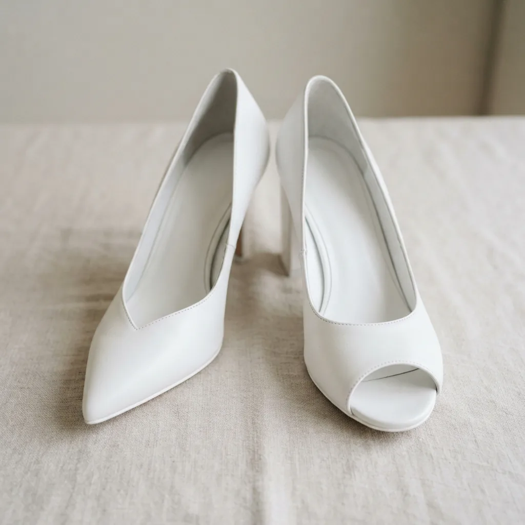 Pointed-toe and round-toe white heels shown next to each other