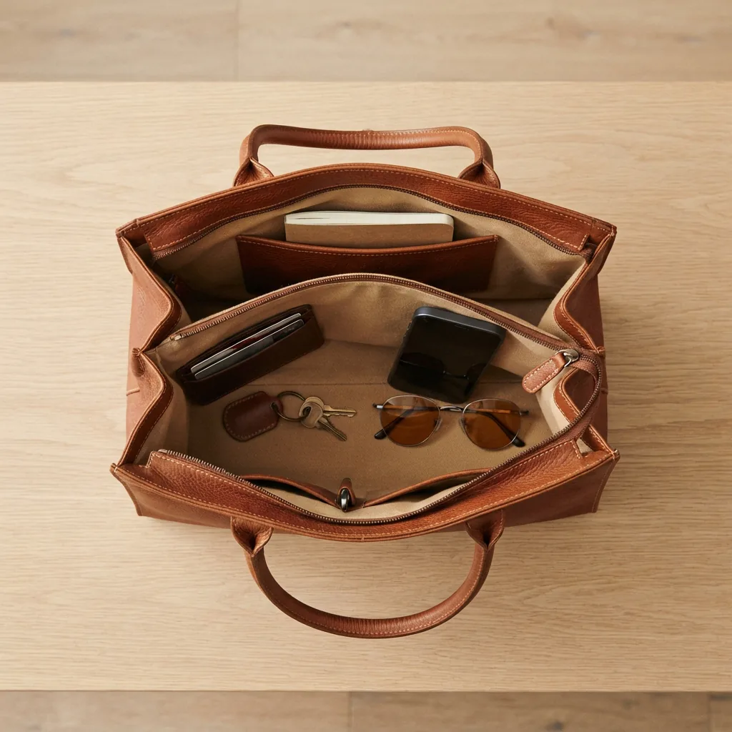 Open handbag interior showing divided compartments with a card case, keys and a phone inside