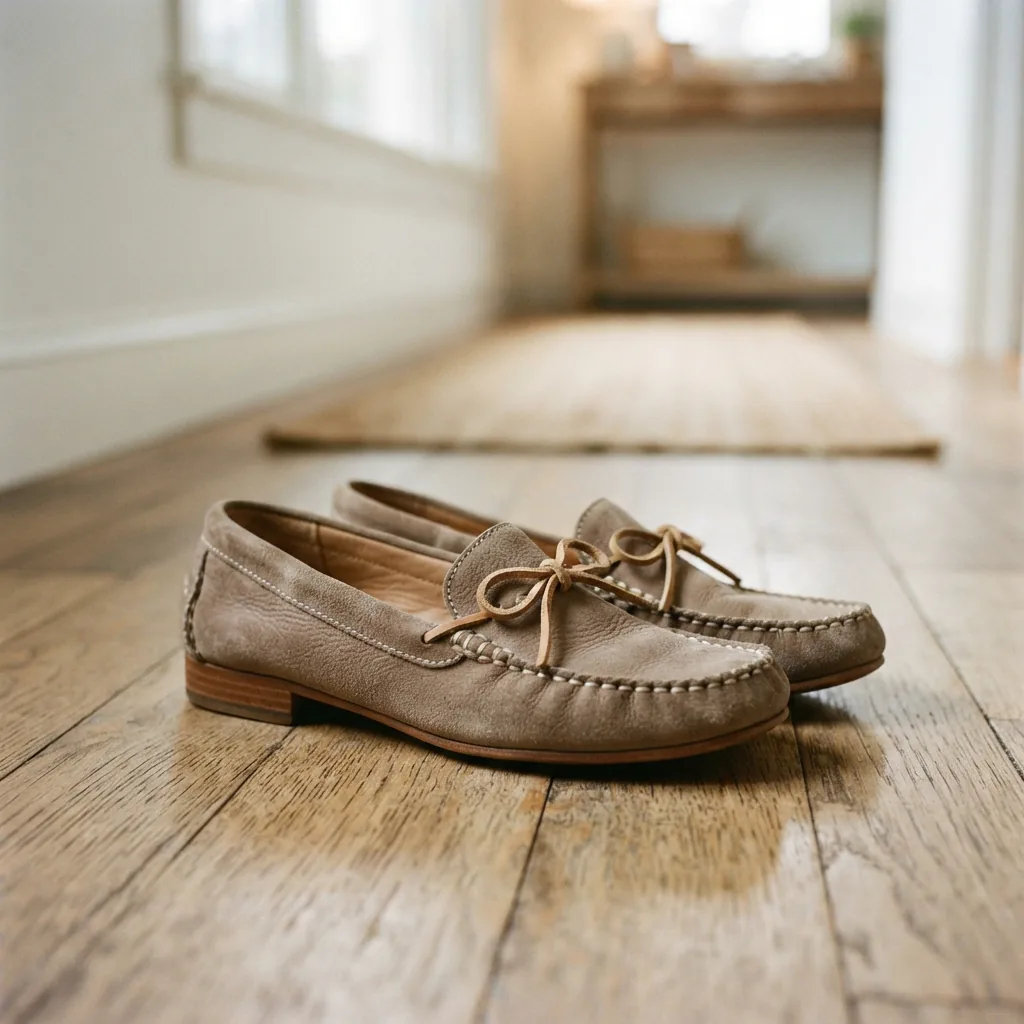 Softly built women's casual loafers on a bright hallway floor