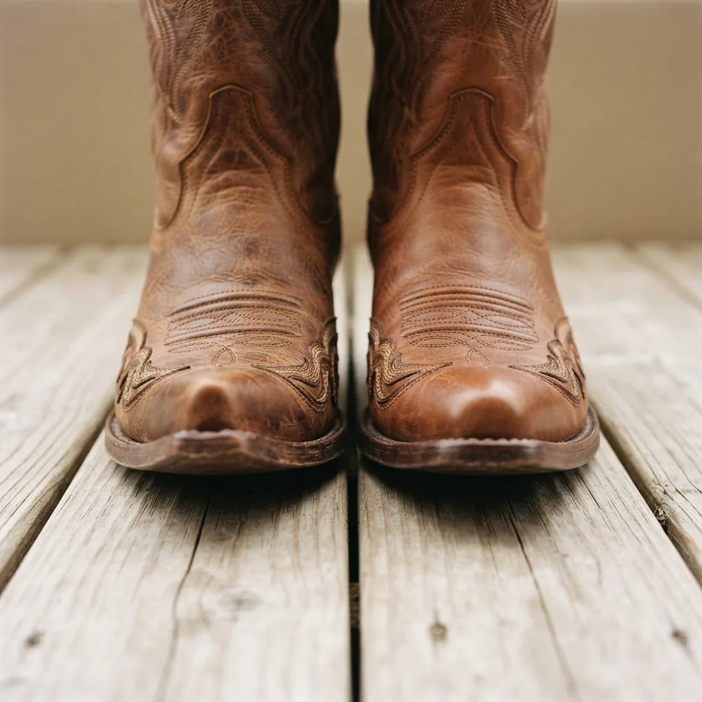 Western boots with round and pointed toes facing forward on a wooden floor