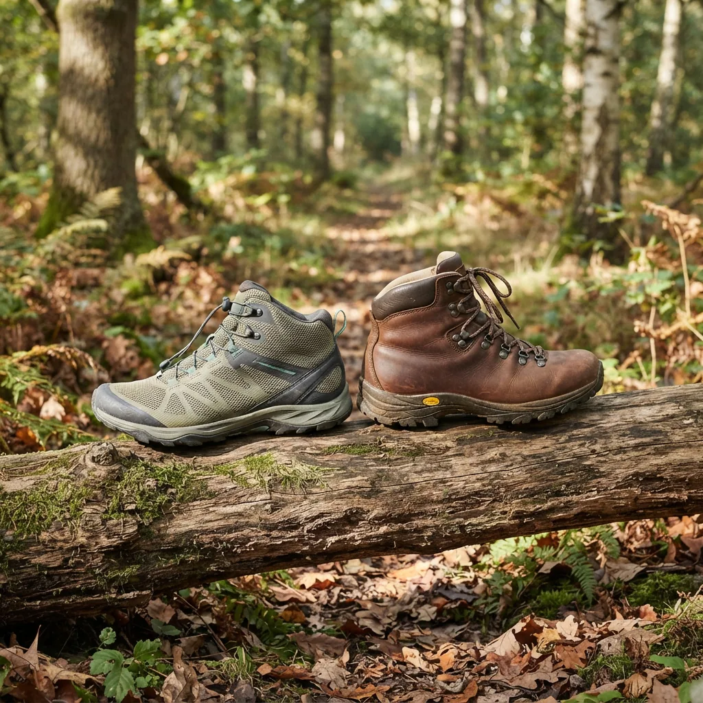 A lightweight hiking boot and a heavier hiking boot balanced on a trailside log