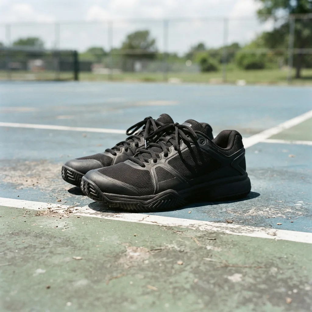 Durable black tennis shoe with a thick treaded outsole shown alone on an outdoor hard court