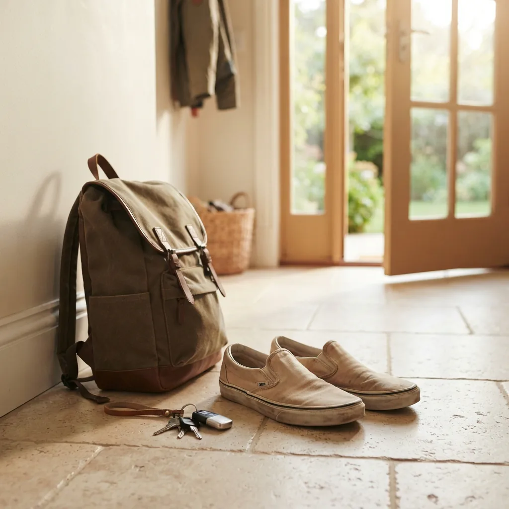 Canvas slip-on shoes by a front door next to a backpack and car keys