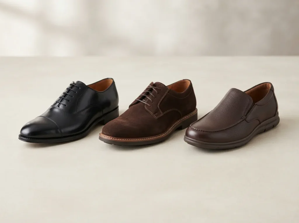 Row of dress shoes representing formal, semi-formal and comfort styles on a light surface