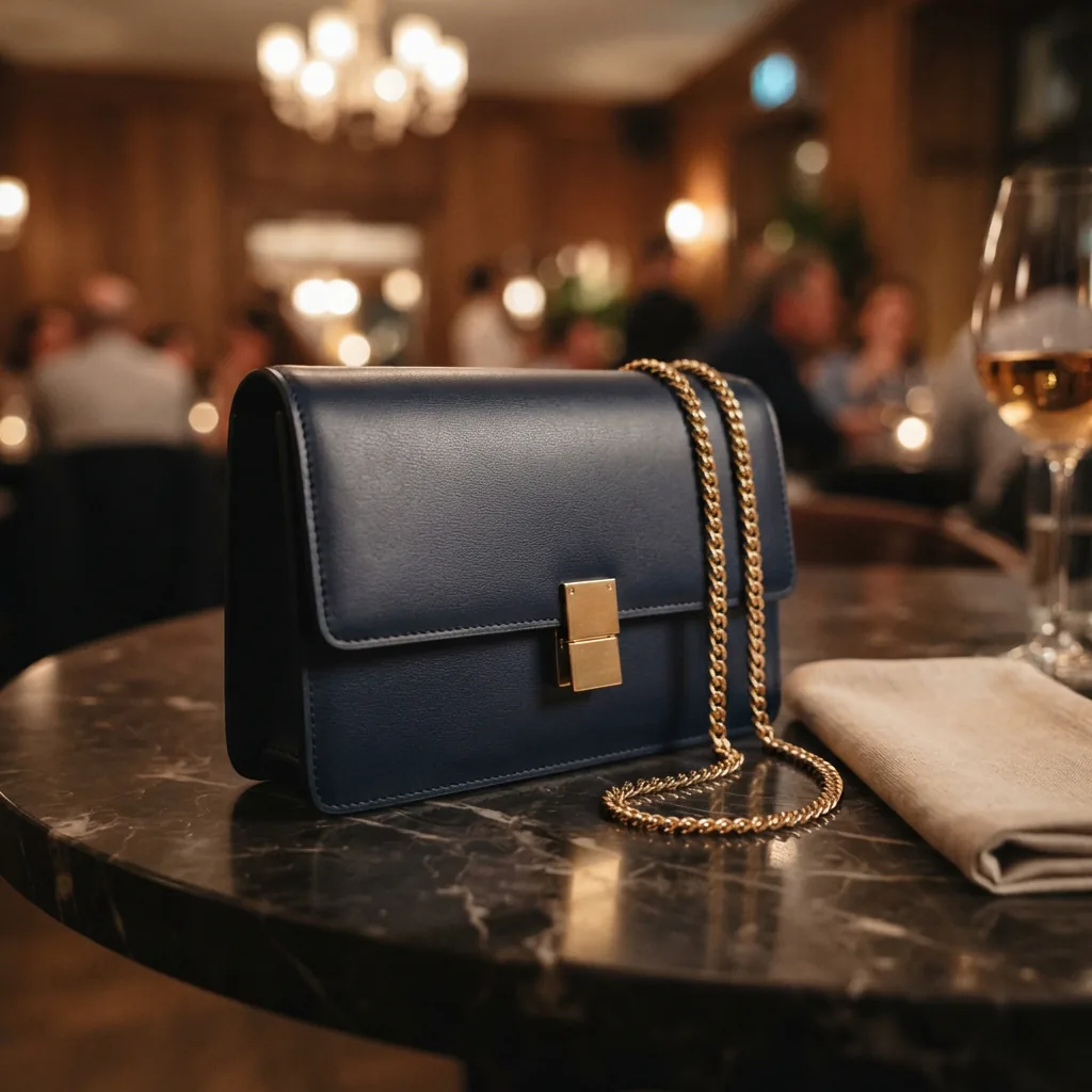 Slim crossbody bag with a polished chain strap resting on a dark marble restaurant table.