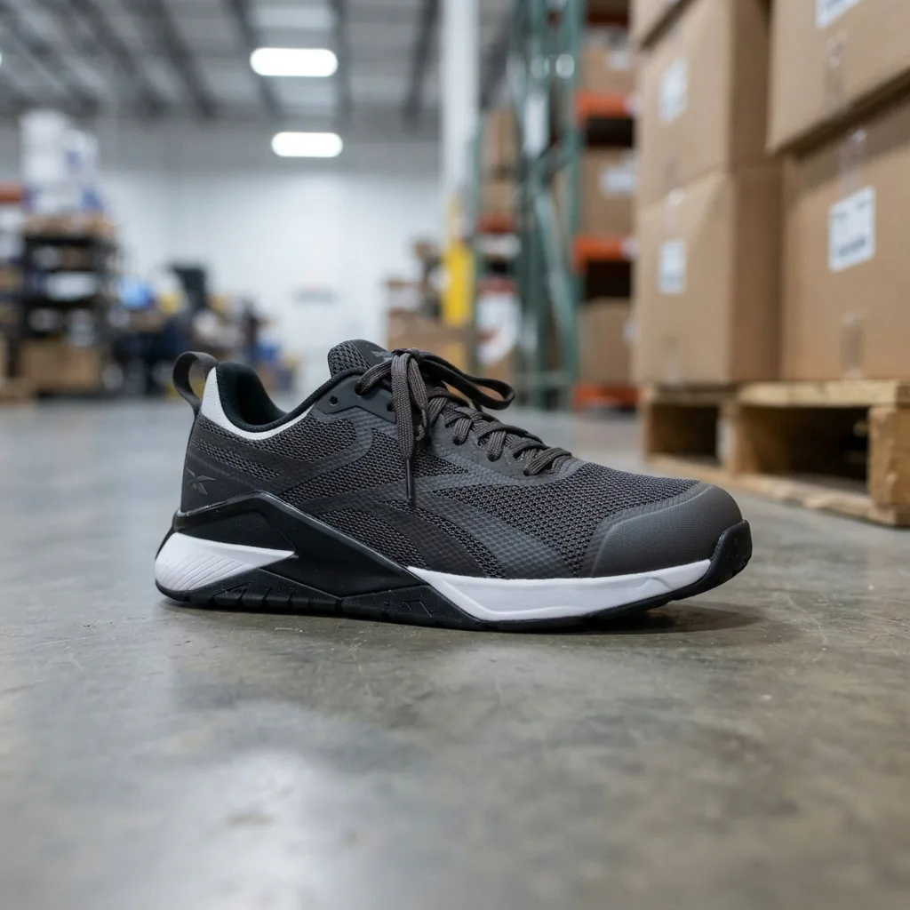 Reebok Work Nano X1 women's composite toe work sneaker on a warehouse floor beside plain boxes