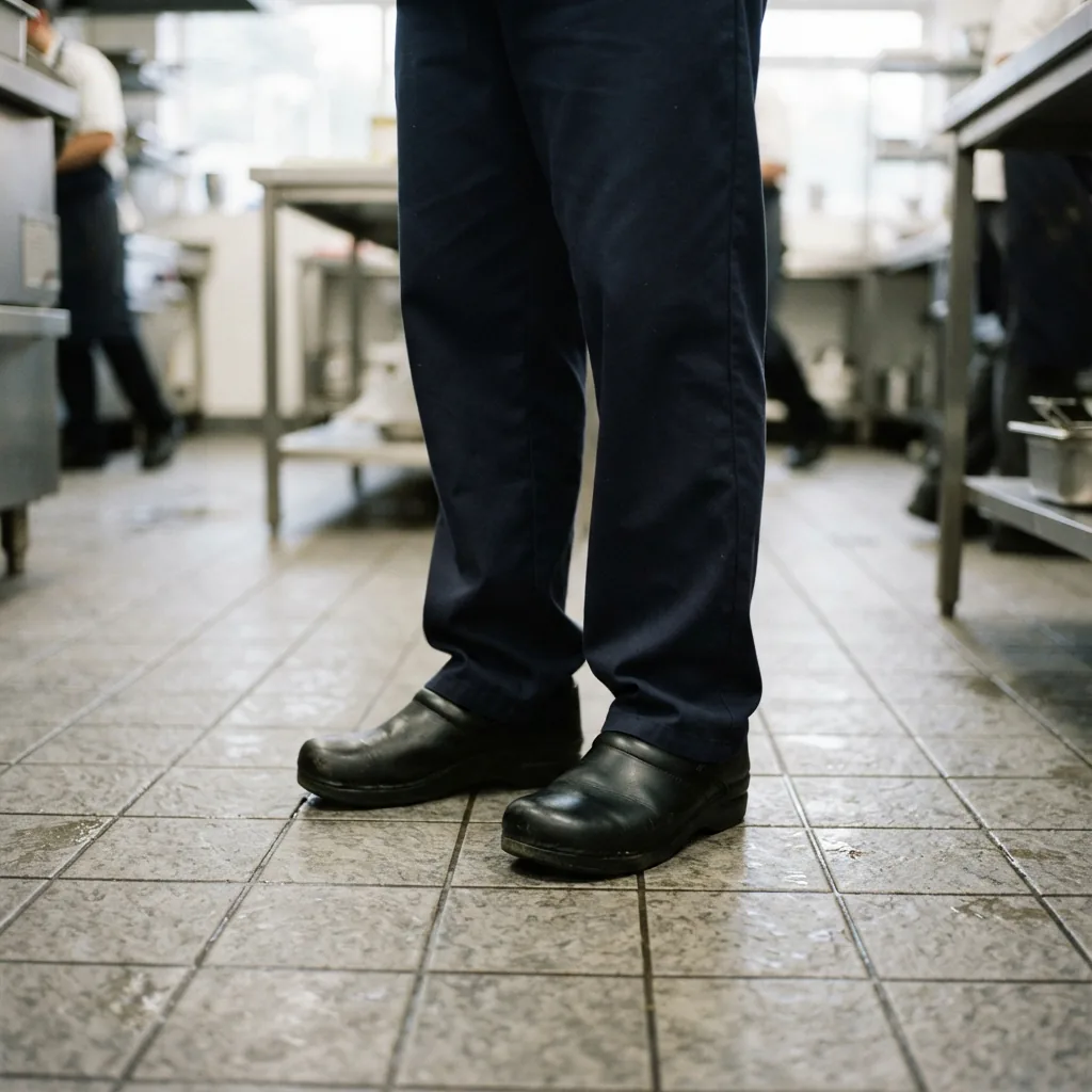 Person in work clothes standing on a tiled floor wearing closed-toe clogs