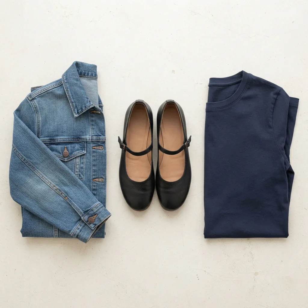 A pair of classic Mary Jane flats arranged with a denim jacket and simple dress on a light surface