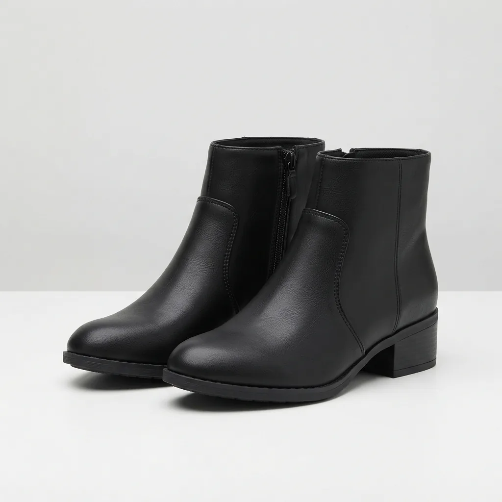 Single pair of simple black ankle booties on a bright studio surface with soft shadow