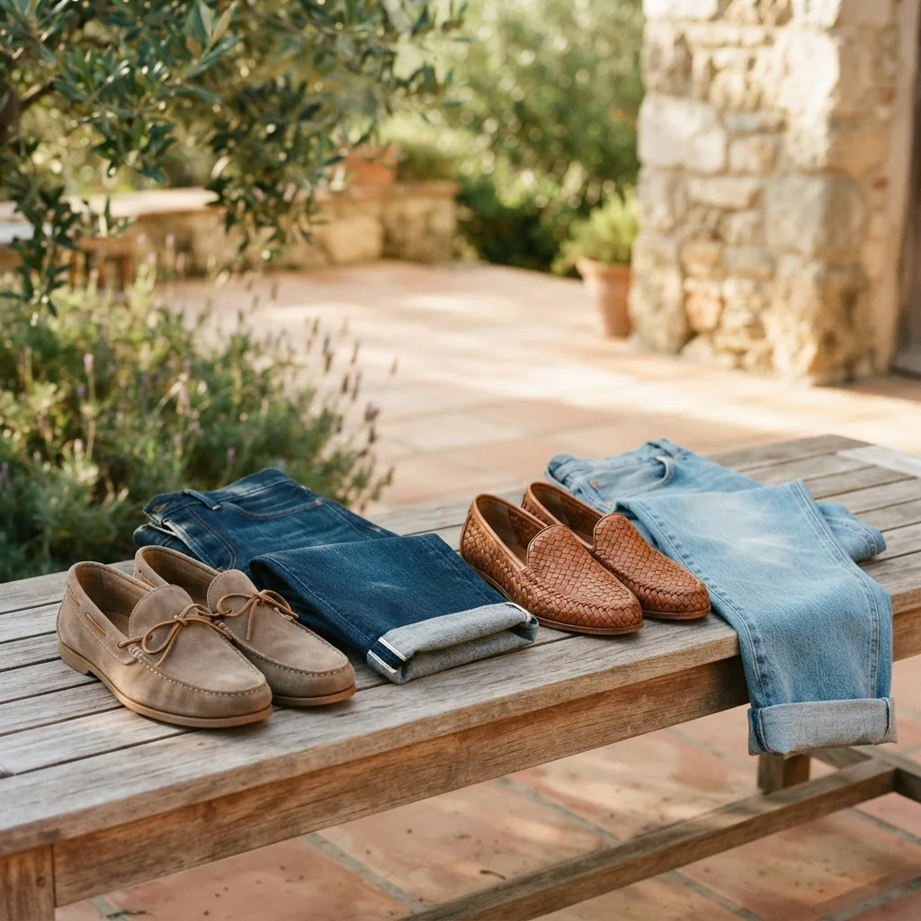 Suede and woven loafers styled with cuffed denim on a sunlit patio bench