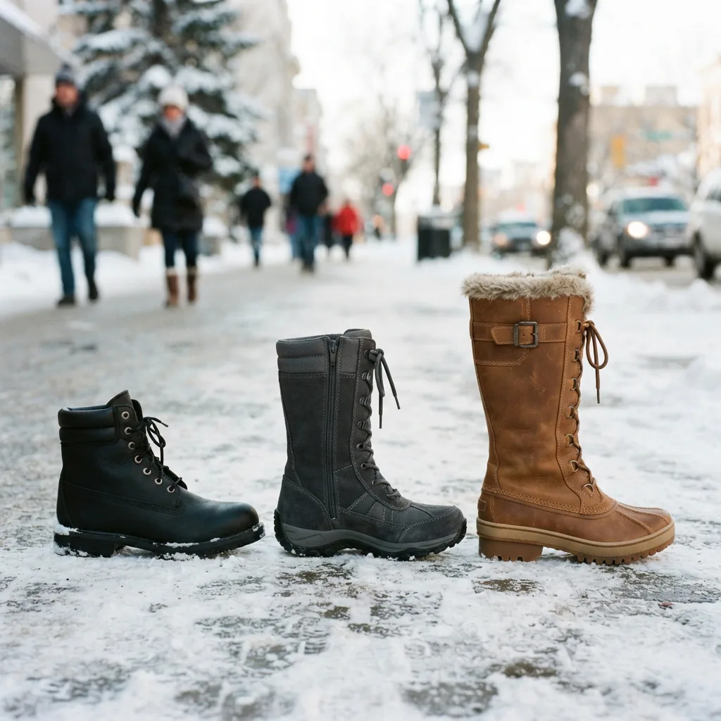 Three winter boots of ankle, mid-calf and tall heights lined up on snowy pavement
