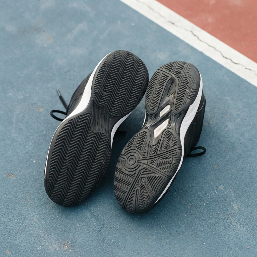 Two tennis shoe outsoles flipped up side by side, showing different tread patterns against a court surface