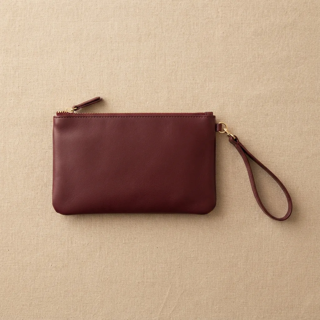 Slim wristlet clutch with a thin wrist strap lying on a warm neutral studio surface